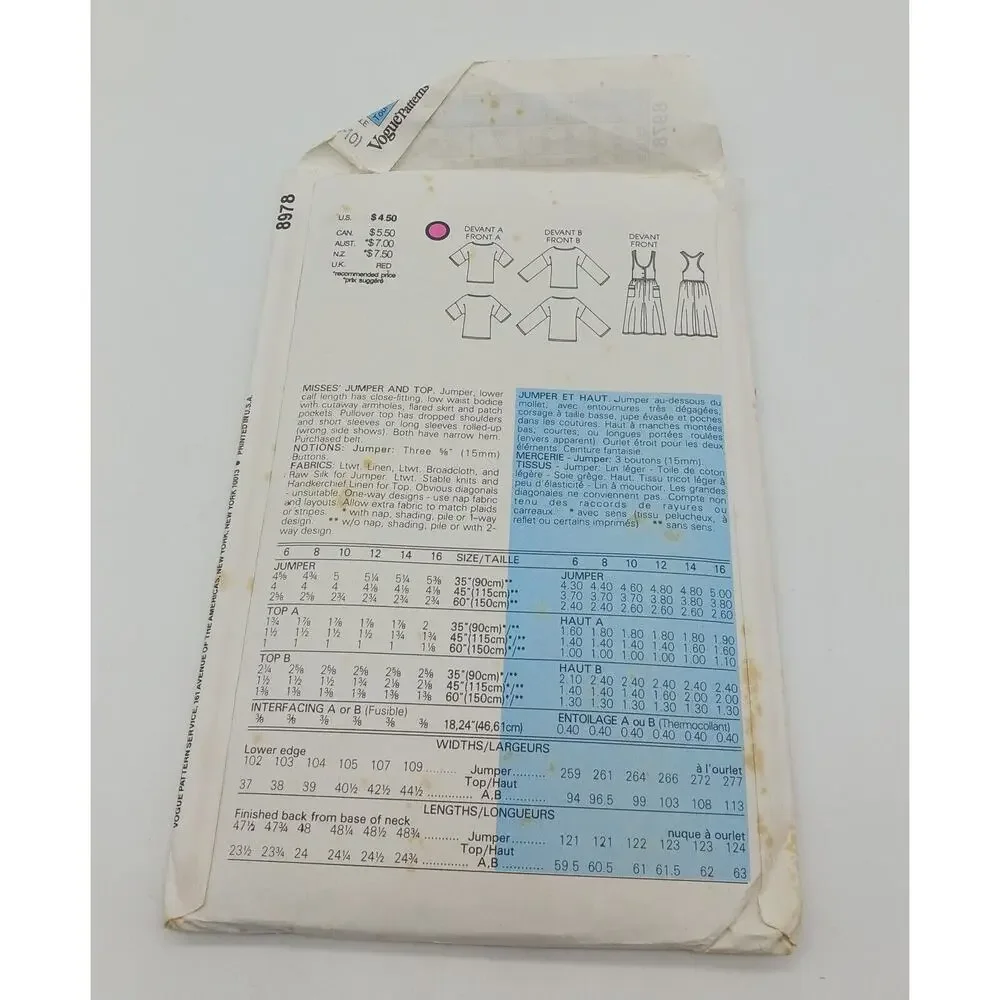 Very Easy Vogue 8978 Sewing Pattern Size 6 8 10 Misses Jumper Top Vintage 1980s